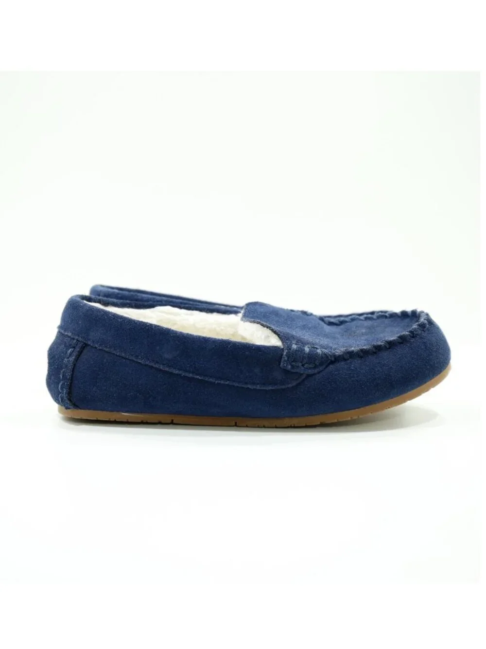 Lands' End Blue Suede Faux-Fur Lined Moccasin Slippers - Boys' 4